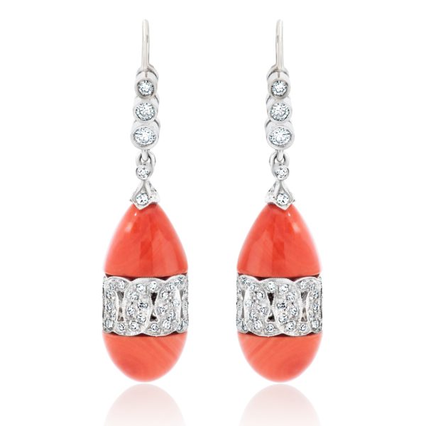TIFFANY & CO. 18KWG  Coral and Diamond Dangle Earrings