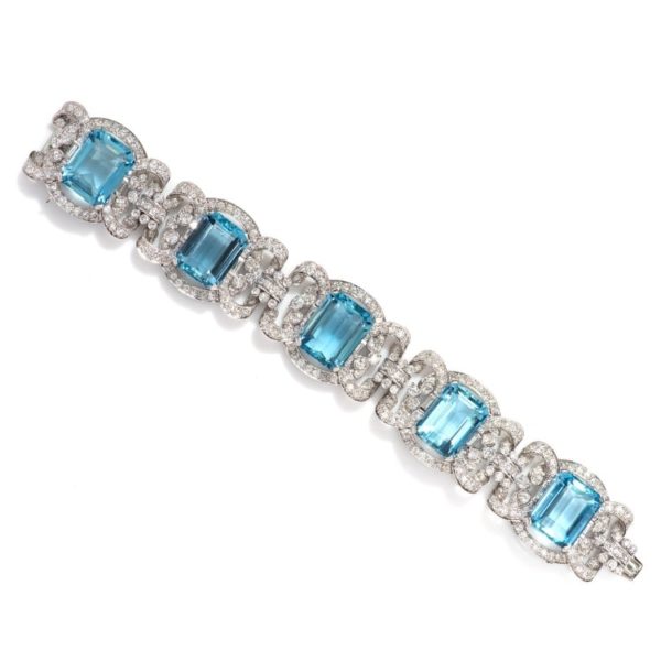 ART DECO Platinum Diamond & Aquamarine Bracelet