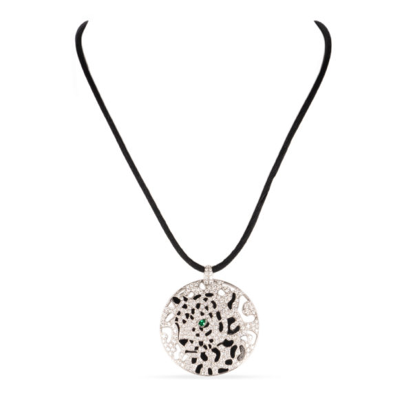 Cartier 18K White Gold Diamond/Emerald/Onyx Panther Necklace