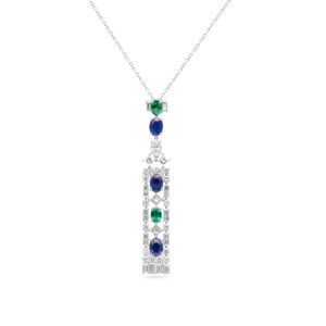 Yamron Collection 18K White Gold Diamond Emerald Sapphire Pendant